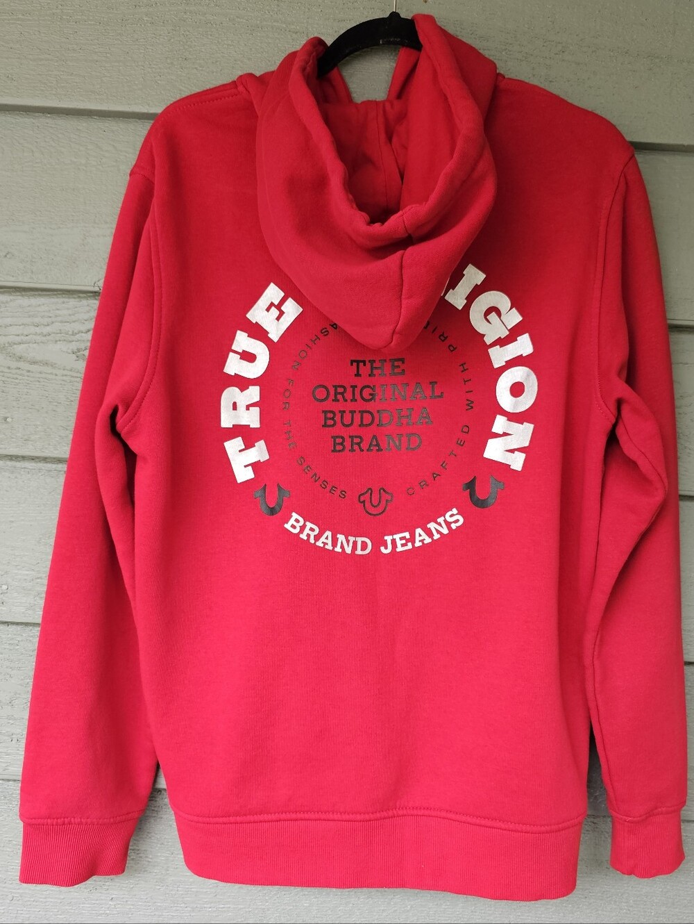True Religion Bright Red Full-Zip Hoodie with Logo Patch Men's Size Large
